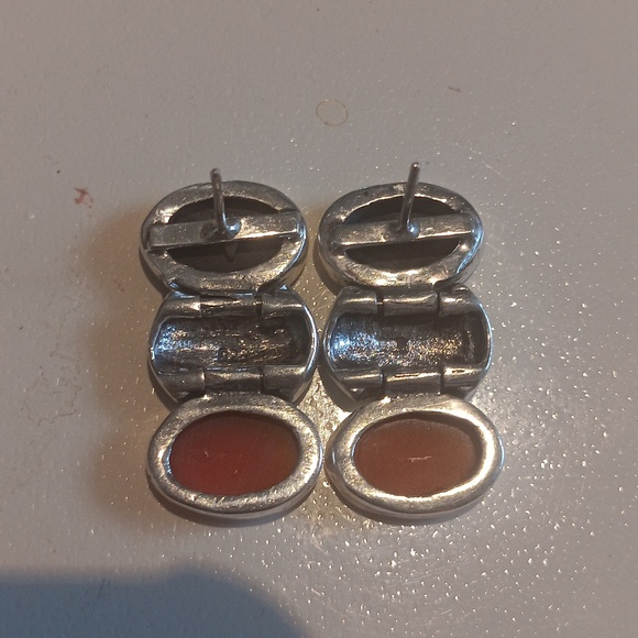 Vintage Art Deco Sterling Silver Earrings Black Onyx, Marcasite and Carnelian. - Picture 3 of 4